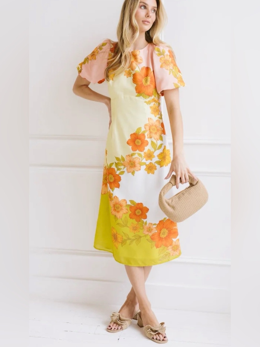 Floral Midi Dress in Yellow and Pink